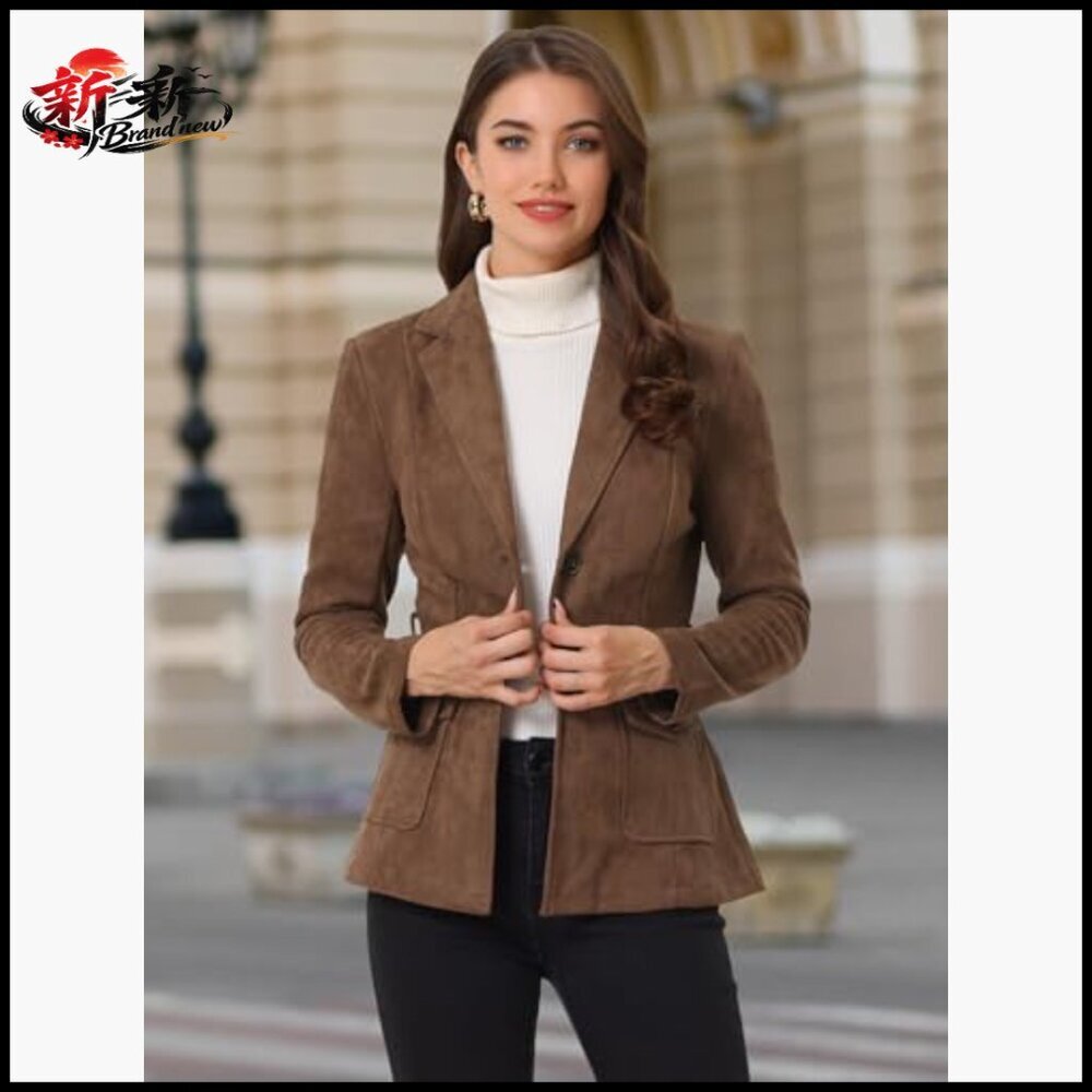 Faux Suede Blazer Jacket Belted Lapel Single Breasted Work Outwear - Picture 2 of 5
